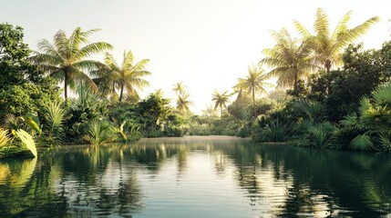 Obraz premium Tranquil Tropical Landscape with Lush Greenery and Calm Water