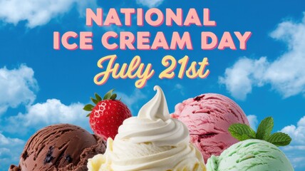 Photo for the "National Ice Cream Day". Below is the inscription "July 21st". There are various ice creams in the photo. Chocolate, vanilla, strawberry and mint. The sky is in the background.