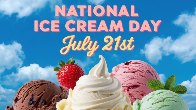 Photo for the "National Ice Cream Day". Below is the inscription "July 21st". There are various ice creams in the photo. Chocolate, vanilla, strawberry and mint. The sky is in the background.