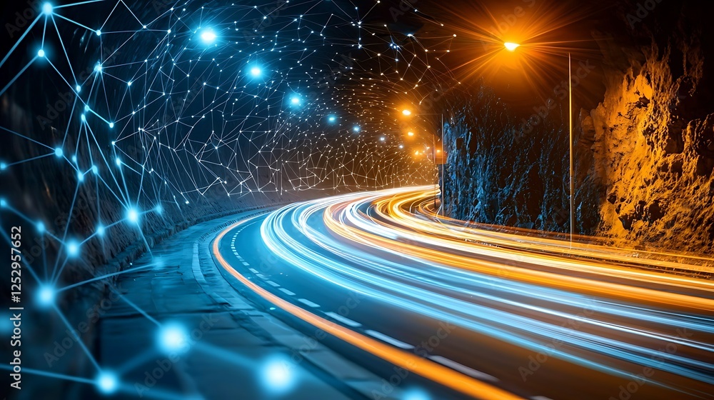 Wall mural ' light trails in a dark tunnel with blue digital grid overlay, for tech or science use.