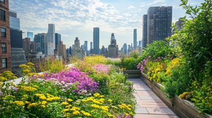 Fototapeta premium Vibrant Rooftop Garden with City Skyline in Bright Sunlight