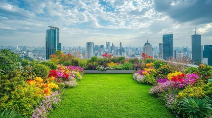 Fototapeta premium Lush Rooftop Garden with Vibrant Flowers and Urban Skyline Background