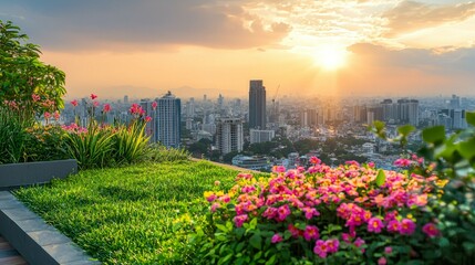 Fototapeta premium Sunset View Over Cityscape with Vibrant Flowers and Lush Greenery