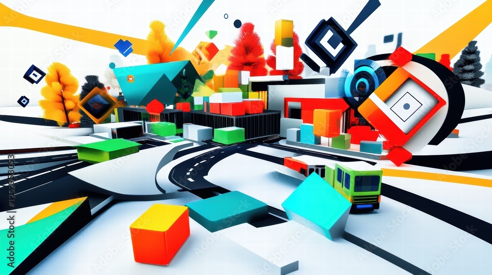 Poster a high-tech ai-driven logistics network map, displaying smart supply chain solutions and automated w