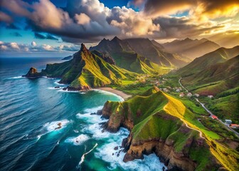 Obraz premium Dramatic Aerial View: Anaga Mountains & Atlantic Coast, Tenerife, Canary Islands