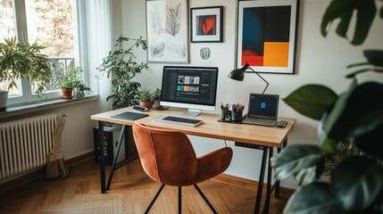 create a realistic photograph of ok a remote work setup in a bright apartment with a modern desk, smart devices, and subtle modern art on the walls