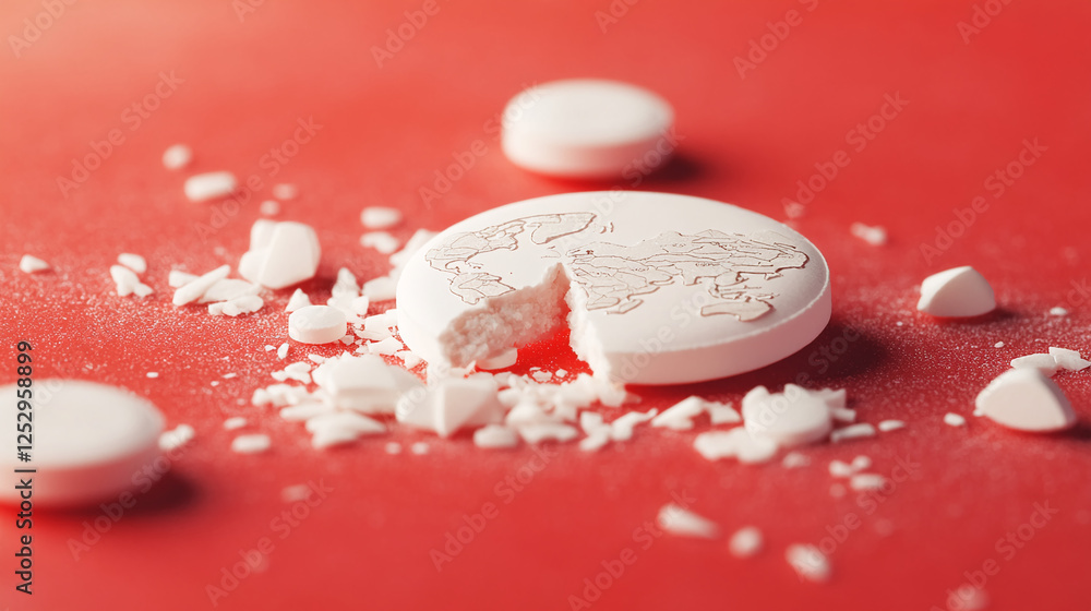 Poster A broken white tablet with a map of the world etched on it, symbolizing the fragility of global unity or the impact of destruction, placed on a red background.