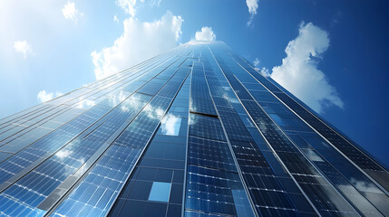 Fototapeta premium A towering modern skyscraper covered in reflective solar panels, maximizing renewable energy use in urban areas.