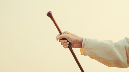 Focused image of a senior woman's hand clutching a simple wooden cane, against a light gradient background with room for text.
