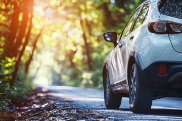 Car parked on a scenic road surrounded by dense woods during a road trip adventure