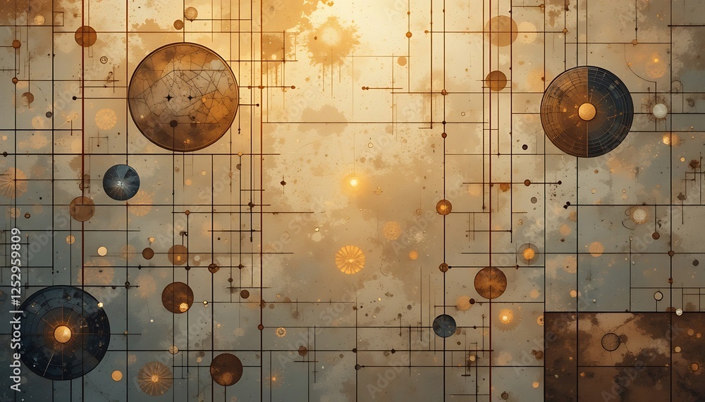 Poster abstract network with circles and lines on textured background art