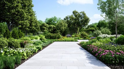 Obraz premium Peaceful park pathway, lush greenery, sunny day, tranquil scene, garden design
