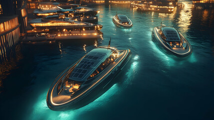 Futuristic solar yachts glowing at night, highlighting energy-efficient and sustainable maritime transport.


