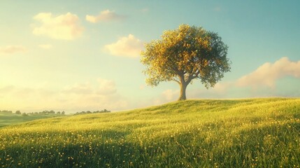 Serene Landscape with Lush Green Grass and Isolated Tree at Sunset