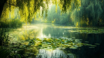 Obraz premium Serene Water Reflection Surrounded by Lush Greenery and Lilies
