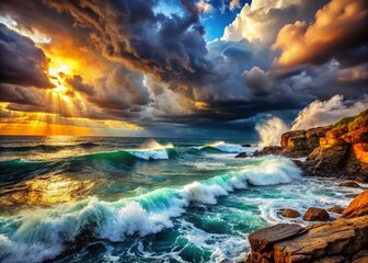 Fototapeta premium Dramatic Stormy Seascape: Dark Clouds & Crashing Waves - Digital Art Stock Photo