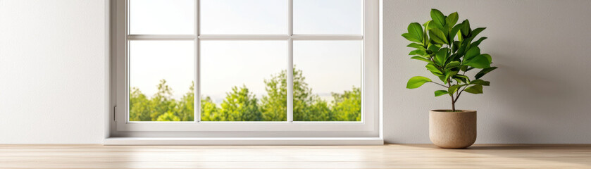 Fototapeta premium bright, clean window with view of greenery and potted plant nearby creates refreshing atmosphere