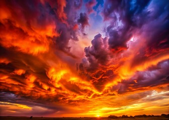 Fototapeta premium Dramatic Sunset Sky: Fiery Hues Behind Storm Clouds - Breathtaking Nature Photography