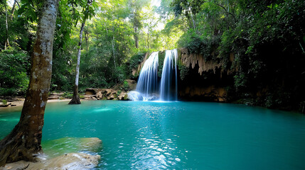  a waterfall in a remote jungle setting