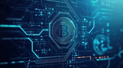 Obraz premium Abstract Bitcoin Symbol On Glowing Circuit Board