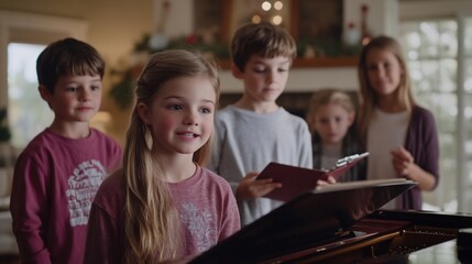 Obraz premium Children singing Christmas carol at home