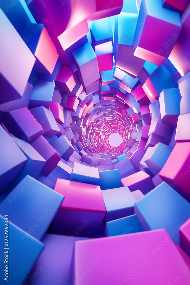 Poster a vibrant and dynamic abstract tunnel made of cubes in shades of pink and blue, representing movemen