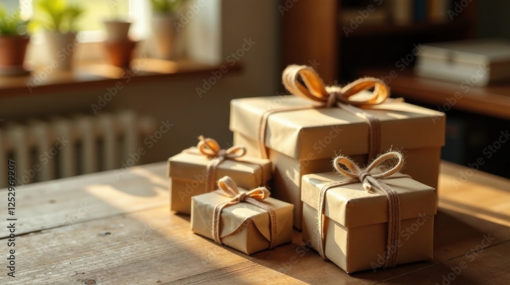Poster sunlight illuminates a rustic wooden table showcasing several modestly wrapped gifts tied with twine