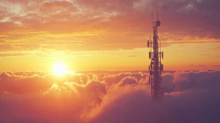 Sunset Above the Clouds: A Telecommunication Tower at Golden Hour