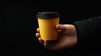 A Hand Holding a Yellow Coffee Cup Against a Black Background