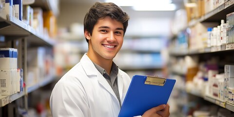 Confident Young Pharmacist Holding Clipboard, Organizing Inventory in a Busy Pharmacy