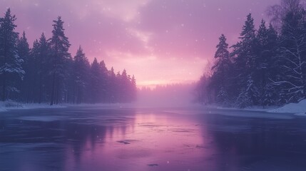 Fototapeta premium Serene Winter Landscape with Snowy Trees and Dusk Sky Reflection