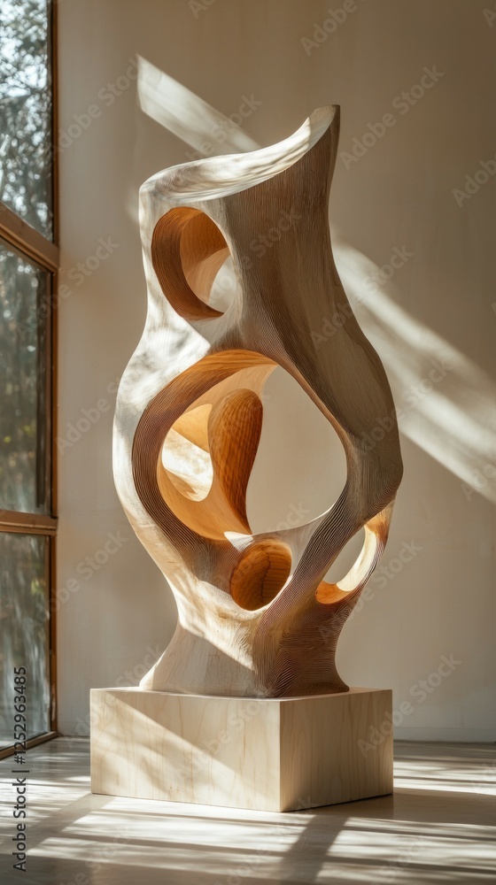 Poster abstract wooden sculpture with curves and open spaces in light