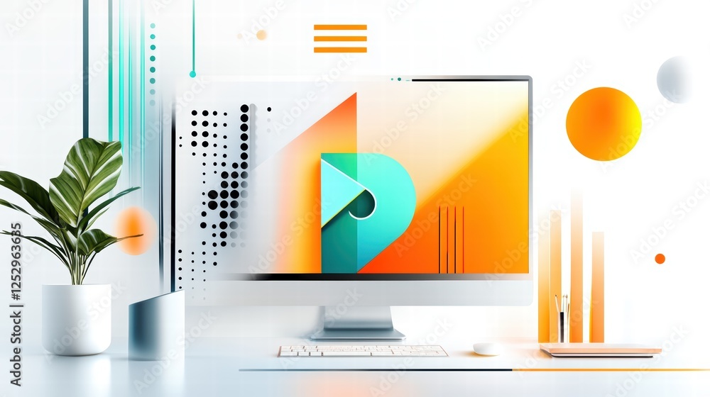 Poster a modern workspace with a smart monitor featuring a built-in ai assistant, showcasing a sleek and mi