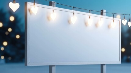 Blank billboard with heart-shaped lights at night.