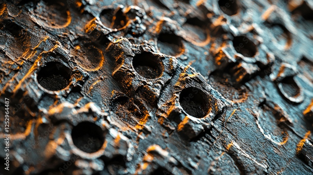 Poster abstract close-up of textured surface with circular holes and patterns