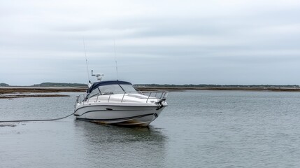 Naklejka premium Motorboat moored in shallow water, overcast day