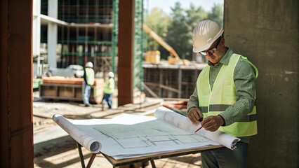 Blueprint assessment by civil engineer professional review at construction site in an outdoor environment