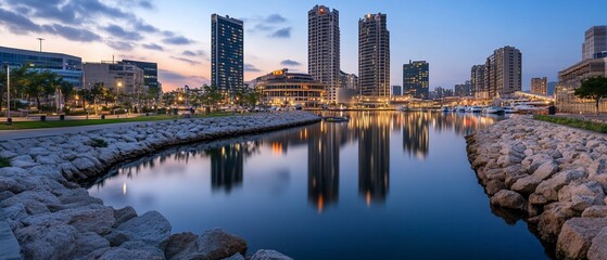 Fototapeta premium City waterfront twilight, calm water reflecting skyscrapers, boats moored, park