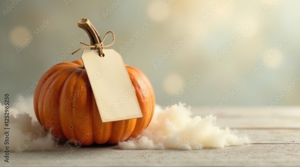 Poster autumnal still life a small pumpkin with a blank tag resting on soft fiber, ready for a personalized