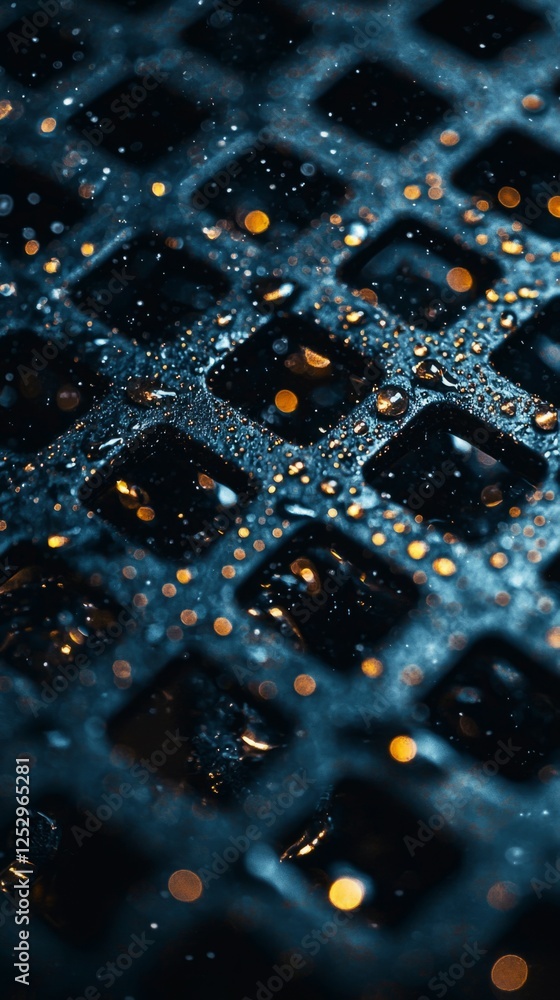 Aufkleber close-up of raindrops on a dark mesh surface with bokeh effect