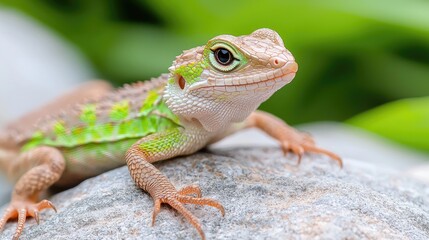 Fototapeta premium Small green and brown lizard rests on a grey stone in a lush garden under bright natural daylight.