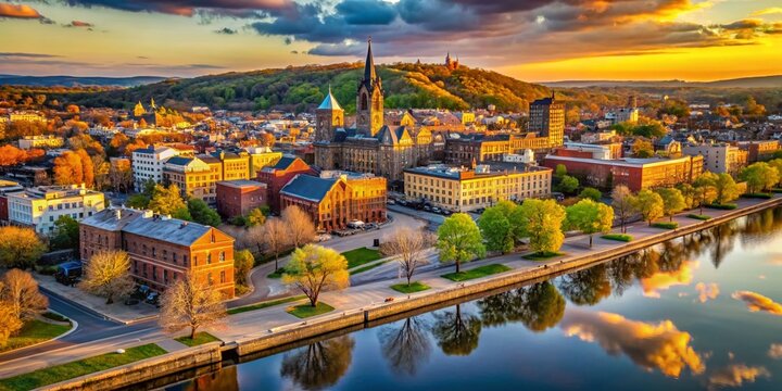 Drone View of Troy, NY Downtown at Sunset, Springtime Hudson River
