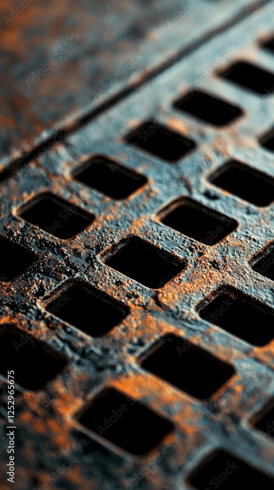 Poster close-up view of a rusty metal grate with square openings