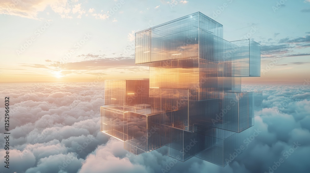 Poster futuristic transparent structure floating above dreamy cloudscape