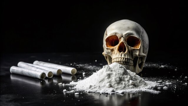 Drug Addiction: Cocaine Skull, Money, and Pills on Black Background - Stock Photo