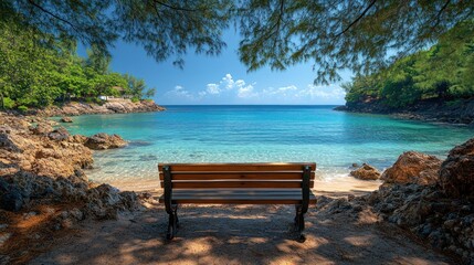 Fototapeta premium Serene beach cove bench view, turquoise water, sunny day, relaxation