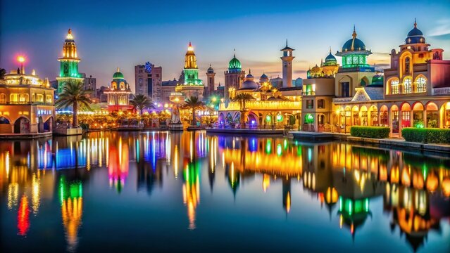 Dubai Global Village Night Lights Lake Reflection Panorama