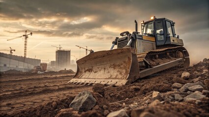 Bulldozer action moving soil on construction site detailed closeup urban environment ground level view for seo impact