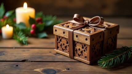 A meticulously crafted wooden gift box, adorned with intricate carvings, rests on a rustic wooden surface, illuminated by the soft glow of nearby candles and surrounded by festive greenery.