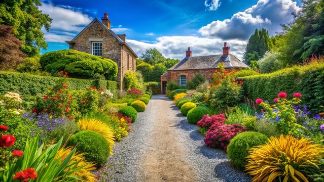 Dublin IMMA Garden Path: Sunny Summer Day, Brick House, Flowers, Crushed Stone